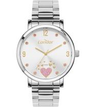 Kit Relogio Condor Prateado Visor Coraçoes Lilas