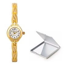 Kit Relógio De Luxo Mini Feminino Dourado Casual Com Espelho Kit Relógio De Luxo Mini Feminino Dourado Casual Com Espelho