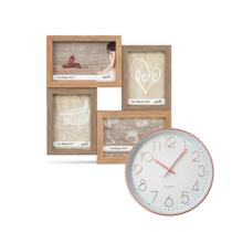 Kit Relógio de Parede 30 cm Mecanismo silencioso Quartz e Porta Retrato para 4 Fotos em Madeira