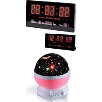 Kit Relógio De Parede Led Digital Grande Termometro Recepção + Lâmpada LED de projeção estrelada de luz lua estrela céu infantil quarto de bebê Cor Rosa