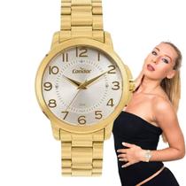 Kit Relógio de Pulso Condor Feminino Analógico Aço Inóx Prova Dágua Redondo Casual Dourado COPC21AEAJ/K4K + Semi Joias