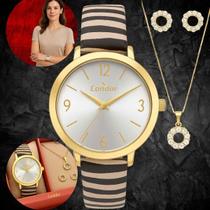 Kit Relógio de Pulso Condor Feminino Redondo Animal Print Analogico Dourado COPC21JGY/K3D + Colar e Brinco