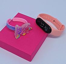 Kit Relógio de Pulso Digital Led Prova água Menina Silicone + Bracelete Pulseira 3D Infantil desenho animado Tendência