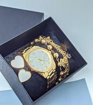 Kit Relógio de Pulso Feminino Aço Inox Quartz Dourado Rose Gold Analógico Redondo +Pulseira e Brincos +Caixa Presente - LVO
