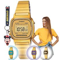 Kit Relógio de Pulso Feminino Casio Retrô LA670WGA Pequeno Quadrado Digital Vintage Casual Dourado + Chaveiro Personagens