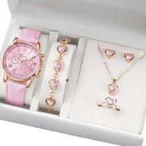 Kit Relógio De Pulso Feminino Com Pulseira E Acessórios Rosa