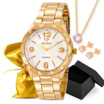 Kit Relógio de Pulso Feminino Eura Dourado Original com Colar e Brincos e Caixa Presenteavel KREF007