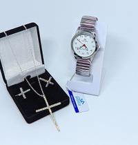Kit Relógio de Pulso Feminino Quartzo Pulseira aço inox elástica analógico + Conjunto Colar e Par de Brincos Folheado