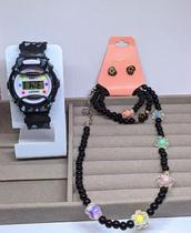 Kit Relógio de Pulso Infantil Digital Esportivo para Meninas Colorido + Colar Pulseiras e Brincos Miçangas Flor Smile