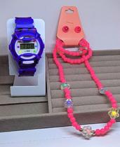 Kit Relógio de Pulso Infantil Digital Esportivo para Meninas Colorido + Colar Pulseiras e Brincos Miçangas Flor Smile