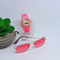 Kit Relógio de Pulso Infantil Digital Pisca Luz Stitch Frozen + Óculos de Sol Aviador Lacinho Metal