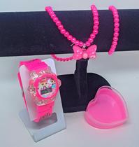 Kit Relógio de Pulso Infantil Digital Pisca Luz Toca Musica Colorido Disney +Colar Pulseira Miçangas + Caixa Coração
