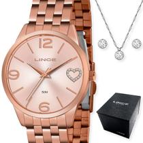Kit relogio de pulso lince rose gold com colar e brinco lrr4717 r2rx