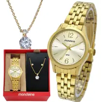 Kit Relógio De Pulso Mondaine Feminino Analógico Original Com Colar e Brincos