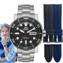 Kit Relógio de Pulso Orient Poseidon Masculino Automático Mecânico Troca de Pulseira Aço Inóx Silicone Prova D àgua 300M Prata F49SS014 P1SX