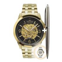 Kit Relógio de Pulso Technos Masculino Automático Casual Esqueleto Aço Inóx Prova Dágua 50 Metros Mecânico 8N24AK4P Dourado 8N24AL1K Prata + Caneta Esferográfica