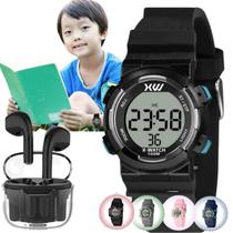 Kit Relógio de Pulso X-Watch Moda Jovem Adolescente Esportivo Digital Pulseira Silicone Azul Rosa Cinza Preto Branco XKPPD + Fone Bluetooth