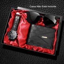 KIT Relógio de quartzo retrô empresarial masculino, Óculos carteira, preto, moda casual