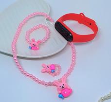 Kit Relógio Digital Bracelete Prova água Silicone Menina + Conjunto Infantil Colar e Pulseira Anel Miçangas com Pingente