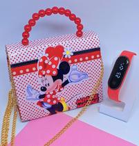 Kit Relógio Digital Bracelete Silicone Ajustável + Bolsa Bolsinha infantil Mini Bag Alça de Pérolas Disney Barbie Rosa