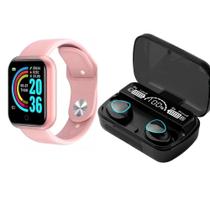 Kit Relogio Digital D20 Rosa Fone Ouvido Bluetooth M10 Touch LED com Power Bank Academia