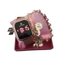Kit Relógio Digital Dourado Feminino E Pulseira Barato Lindo Kit Relógio Digital Dourado Feminino E Pulseira Barato Lindo
