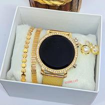 Kit Relógio Digital Feminino Strass Pedras Zircônias Silicone Redondo Rose Gold + Conjunto Pulseiras e Brincos + Caixa