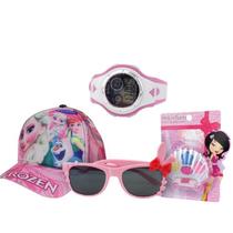 Kit Relógio Digital Infantil Feminino + Boné Kok Frozen + Estojo de Sombras + Óculos de Sol Rosa