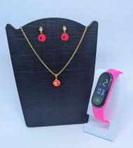 Kit Relógio Digital Led Bracelete Silicone Ajustável Prova água Esporte + Conjunto Colar e Brincos Infantil Menina Moda