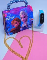 Kit Relógio Digital Led Bracelete Silicone Prova água + Bolsa infantil Mini Bag Alça Mão Pérolas Disney Frozen Minnie