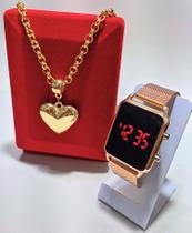 Kit Relógio Digital Led Feminino Silicone + Colar Corrente Elo Português Coração Grande Liso Folheado Ouro Tendência