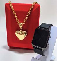 Kit Relógio Digital Led Feminino Silicone + Colar Corrente Elo Português Coração Grande Liso Folheado Ouro Tendência
