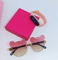Kit Relógio Digital Led Meninas Bracelete Silicone Resistente água + Óculos Infantil Orelha de Urso Fofo Proteção UV400