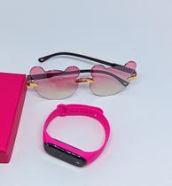 Kit Relógio Digital Led Meninas Bracelete Silicone Resistente água + Óculos Infantil Orelha de Urso Fofo Proteção UV400