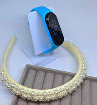 Kit Relógio Digital Led Prova água Bracelete Adulto Infantil Feminino + Arco Tiara Arquinho Cabelo Pérolas Bordada