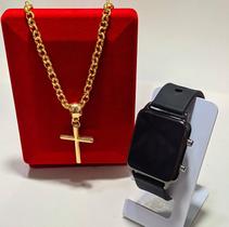 Kit Relógio Digital Led Quadrado Silicone + Colar Elos Português Cruz Crucifixo Folheado Ouro Moda Tendência Presente