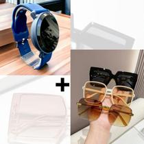 Kit Relógio Digital Led Redondo Silicone ajustável + Óculos de Sol Feminino Armação Grande Vintage Quadrado Luxo Moda - LVO