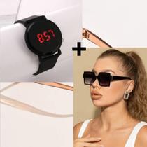 Kit Relógio Digital Led Redondo Silicone ajustável + Óculos de Sol Feminino Armação Grande Vintage Quadrado Luxo Moda - LVO
