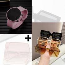 Kit Relógio Digital Led Redondo Silicone ajustável + Óculos de Sol Feminino Armação Grande Vintage Quadrado Luxo Moda