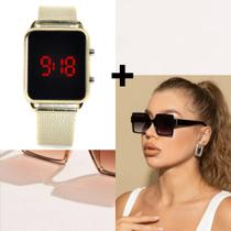 Kit Relógio Digital Led Silicone Ajustável Dourado Rose Gold + Óculos de Sol Feminino Armação Grande Quadrado degradê - LVO