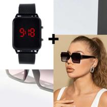 Kit Relógio Digital Led Silicone Ajustável Dourado Rose Gold + Óculos de Sol Feminino Armação Grande Quadrado degradê