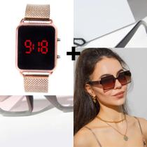Kit Relógio Digital Led Silicone Ajustável Dourado Rose Gold + Óculos de Sol Feminino Armação Grande Quadrado degradê