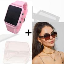 Kit Relógio Digital Led Silicone ajustável Esporte + Óculos de Sol Feminino Armação Grande degradê Luxo Tendência Moda