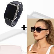 Kit Relógio Digital Led Silicone ajustável + Óculos de Sol Feminino Quadrado Armação Grande degradê Luxo Moda Blogueira - LVO