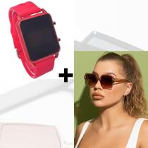 Kit Relógio Digital Led Silicone ajustável + Óculos de Sol Feminino Quadrado Armação Grande degradê Luxo Moda Blogueira