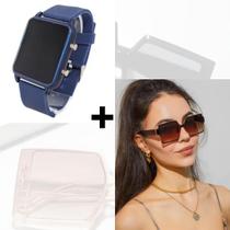 Kit Relógio Digital Led Silicone ajustável + Óculos de Sol Feminino Quadrado Armação Grande degradê Luxo Moda Blogueira