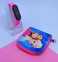 Kit Relógio Digital Led Silicone Prova água Ajustável para Crianças + Carteira Infantil com Ziper Frozen Minnie Presente