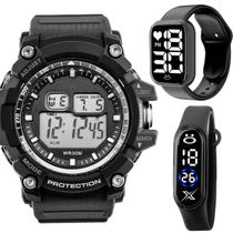 kit relógio digital masculino prova dagua esportivo silicone original presente alarme cronometro resistente data atacado