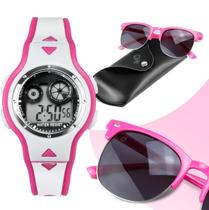 Kit Relógio Digital Óculos Rosa Orizom Kids Pulseira Ajust