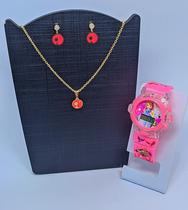 Kit Relógio Digital Pisca Luz Led Colorido Toca Musica Princesas Disney + Conjunto Colar e Brincos Infantil Tendência